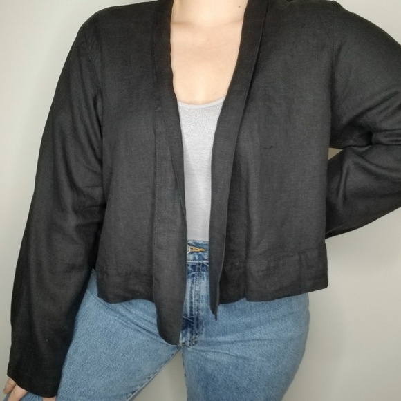 Flax Jackets & Blazers - FLAX Linen Cropped Cardigan Blazer Black Medium